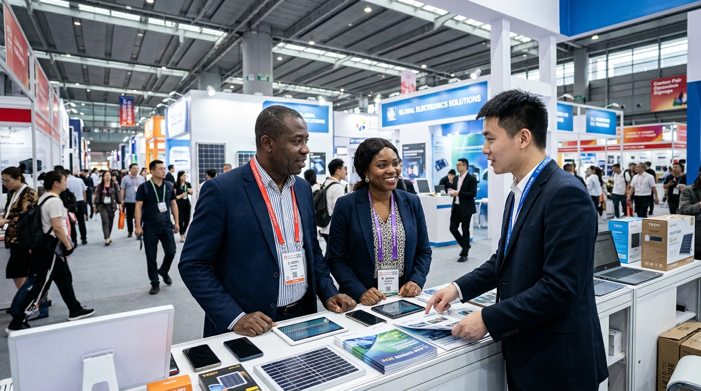 African business buyers inspecting electronics, solar panels, and machinery at a China-Africa trade exhibition