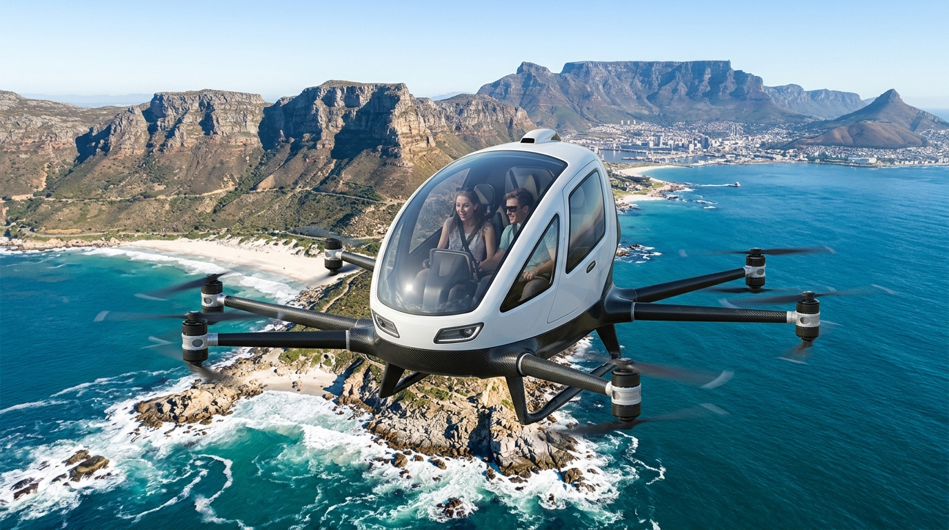 Passenger flying taxi gliding over Cape Town and Table Mountain in South Africa