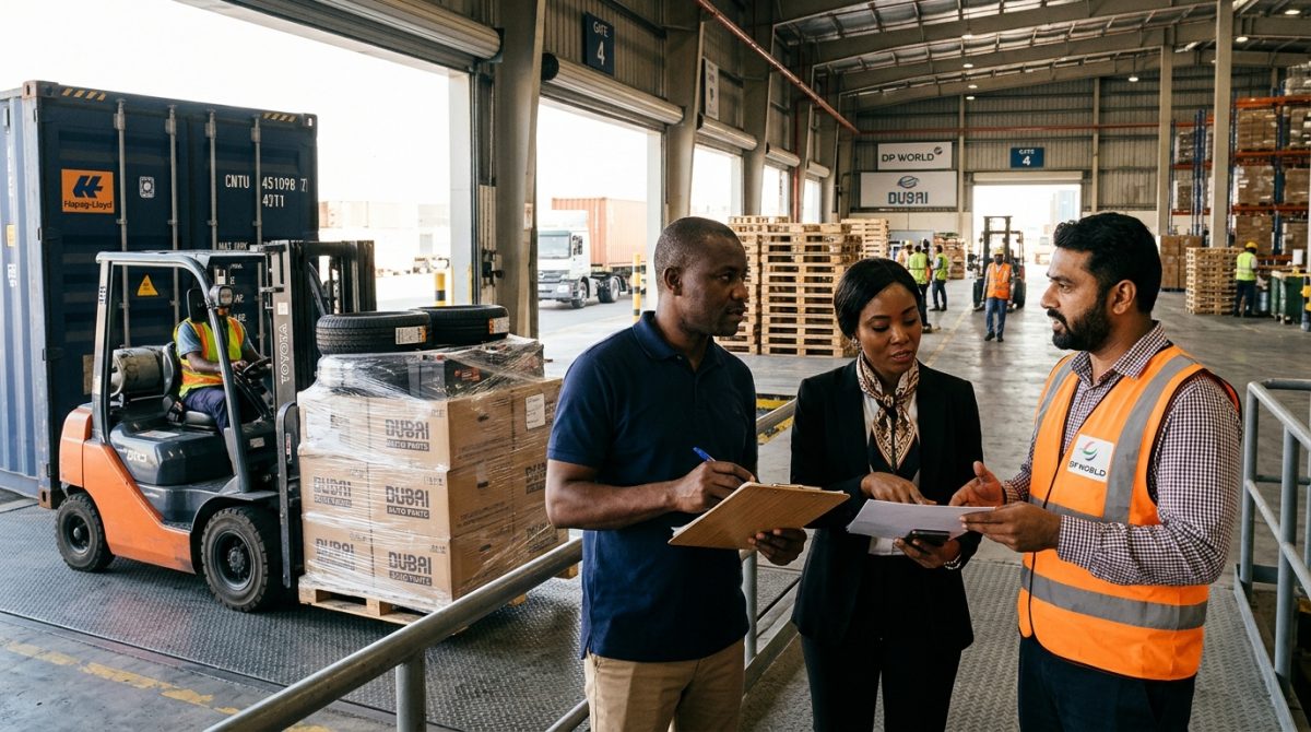 African B2B buyers and Dubai logistics manager inspecting palletized auto parts and tyres loading into a shipping container