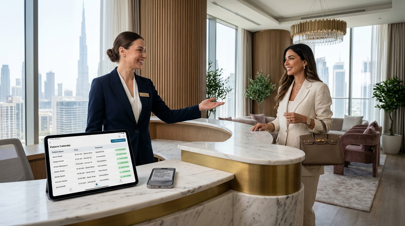 Dubai clinic reception patient check-in and confirmed appointment schedule